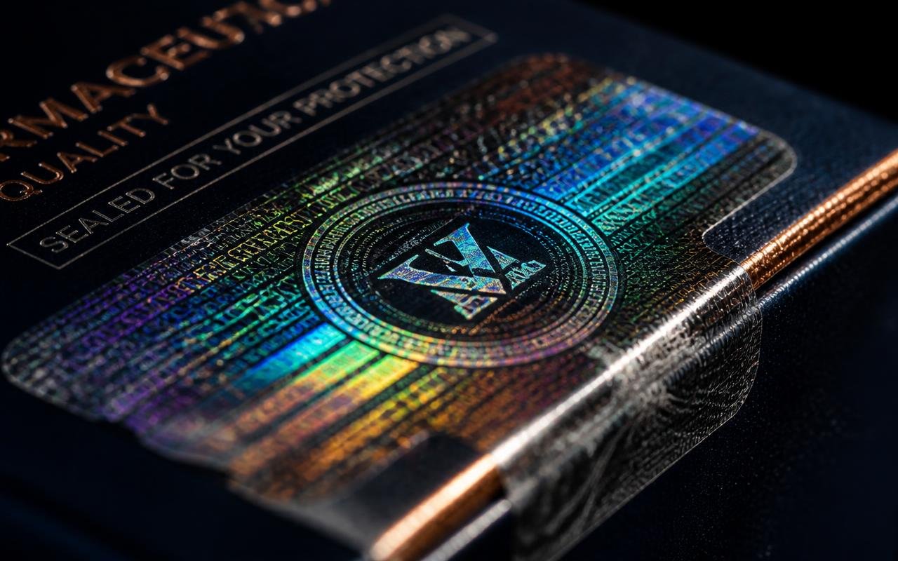 Holographic security seal on navy packaging
