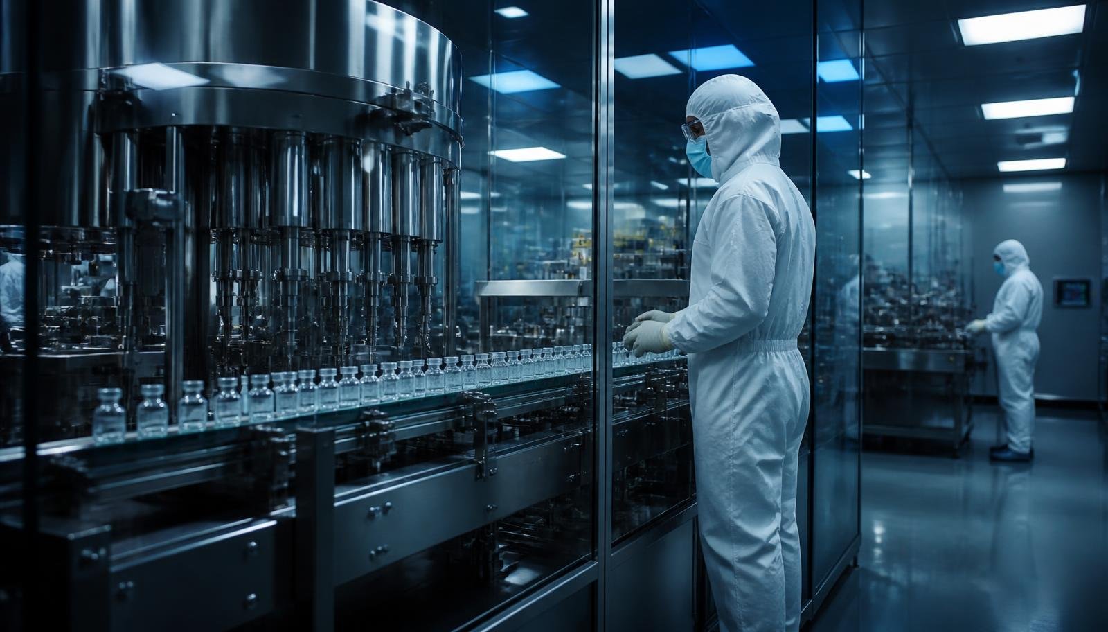 Robotic vial filling line inside a GMP clean room